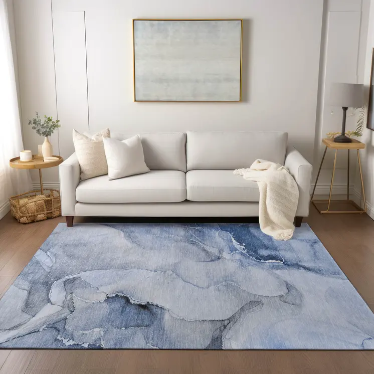 8' X 10' Blue and Gray Abstract Washable Non Skid Indoor Outdoor Area Rug