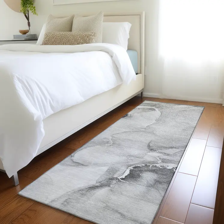 8' Runner Gray and Ivory Abstract Washable Non Skid Indoor Outdoor Runner Rug