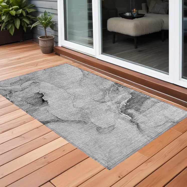 3' X 5' Gray and Ivory Abstract Washable Non Skid Indoor Outdoor Area Rug