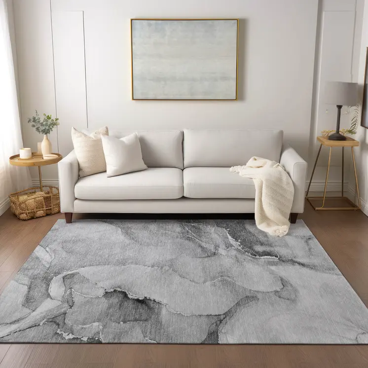 3' X 5' Gray and Ivory Abstract Washable Non Skid Indoor Outdoor Area Rug