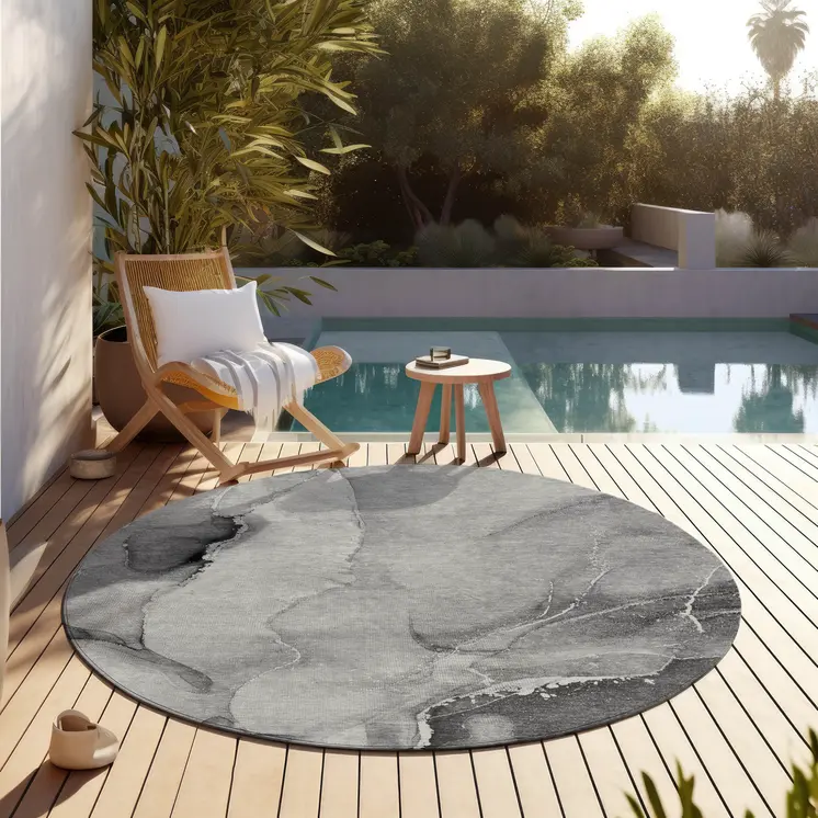 8' Round Gray and Ivory Round Abstract Washable Non Skid Indoor Outdoor Area Rug