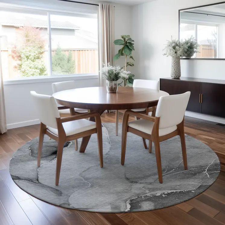 8' Round Gray and Ivory Round Abstract Washable Non Skid Indoor Outdoor Area Rug