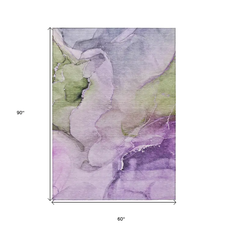 5' X 8' Purple and Green Abstract Washable Indoor Outdoor Area Rug