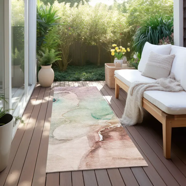 8' Runner Teal Abstract Washable Non Skid Indoor Outdoor Runner Rug