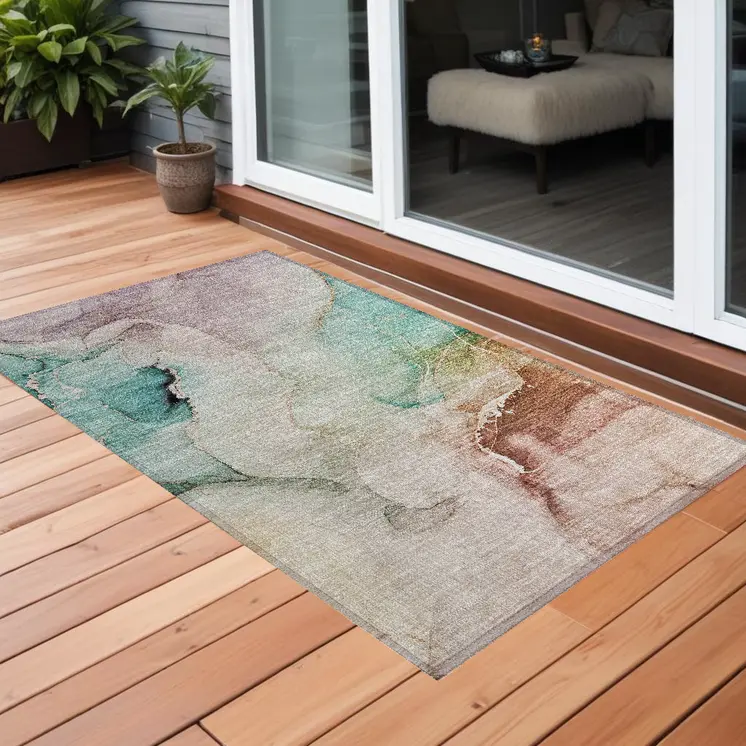 3' X 5' Teal Abstract Washable Non Skid Indoor Outdoor Area Rug