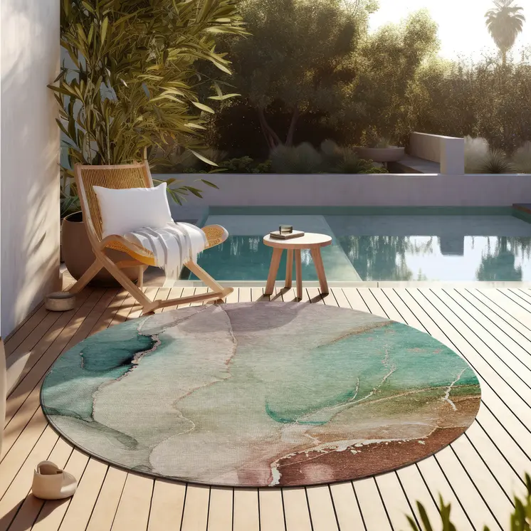 8' Round Teal Round Abstract Washable Non Skid Indoor Outdoor Area Rug