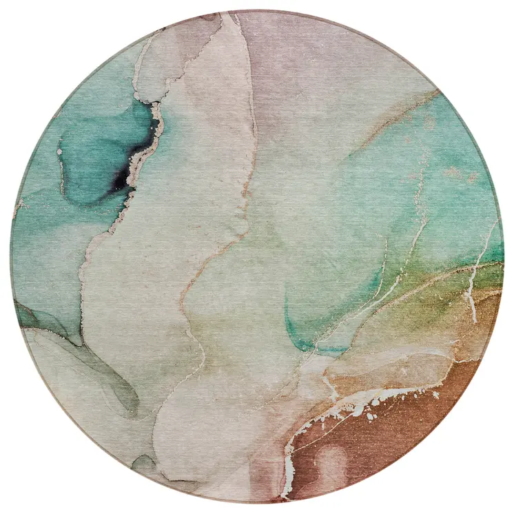 8' Round Teal Round Abstract Washable Non Skid Indoor Outdoor Area Rug