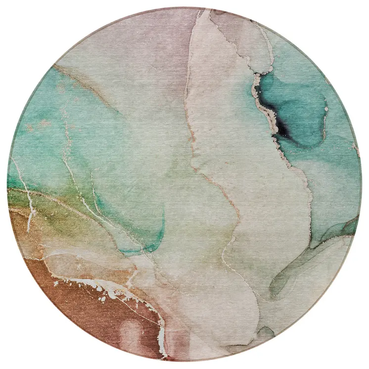 8' Round Teal Round Abstract Washable Non Skid Indoor Outdoor Area Rug