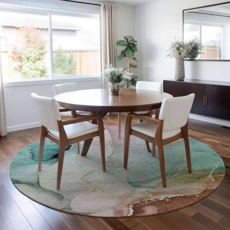 8' Round Teal Round Abstract Washable Non Skid Indoor Outdoor Area Rug