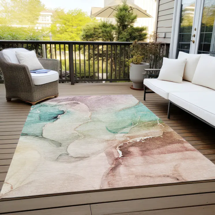8' X 10' Teal Abstract Washable Non Skid Indoor Outdoor Area Rug