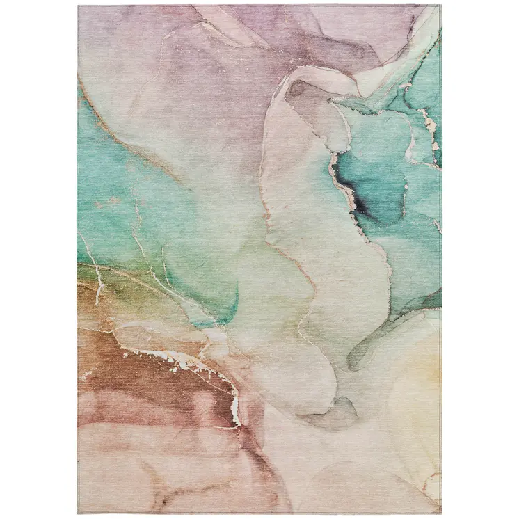 9' X 12' Teal Abstract Washable Non Skid Indoor Outdoor Area Rug