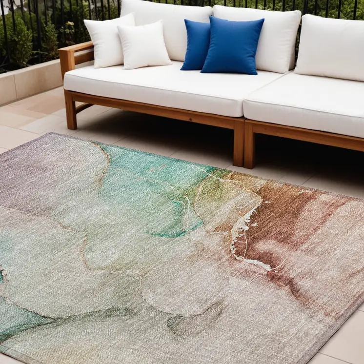 9' X 12' Teal Abstract Washable Non Skid Indoor Outdoor Area Rug