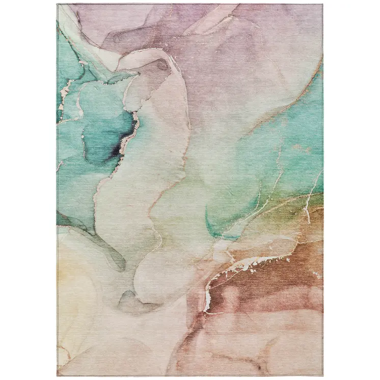 9' X 12' Teal Abstract Washable Non Skid Indoor Outdoor Area Rug