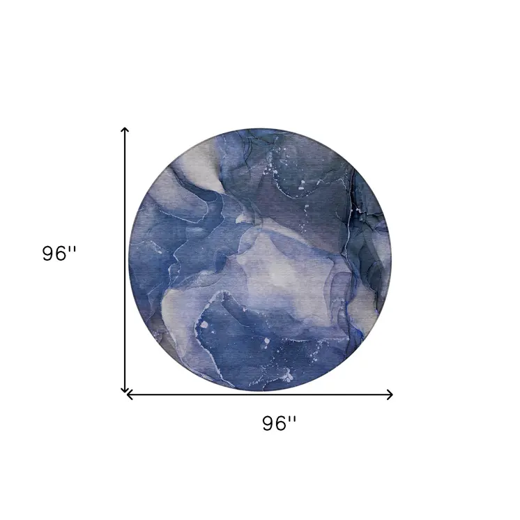 8' Round Blue Round Abstract Washable Non Skid Indoor Outdoor Area Rug