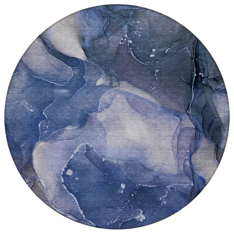 8' Round Blue Round Abstract Washable Non Skid Indoor Outdoor Area Rug
