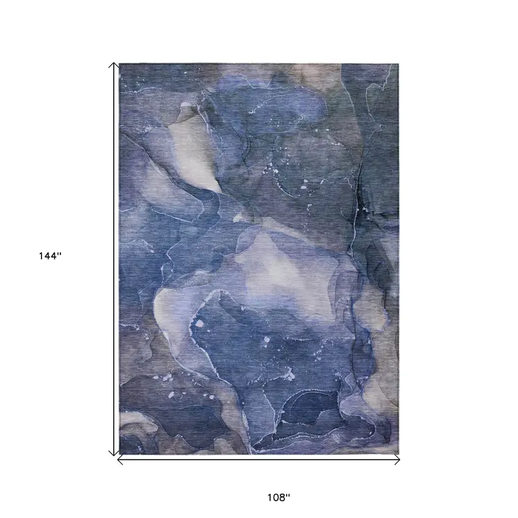 9' X 12' Blue Abstract Washable Non Skid Indoor Outdoor Area Rug