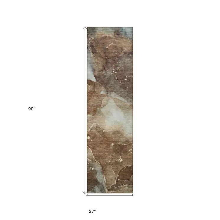 8' Runner Brown Abstract Washable Non Skid Indoor Outdoor Runner Rug