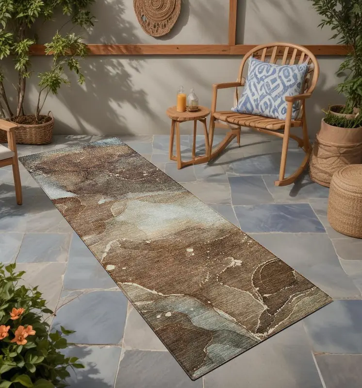 8' Runner Brown Abstract Washable Non Skid Indoor Outdoor Runner Rug