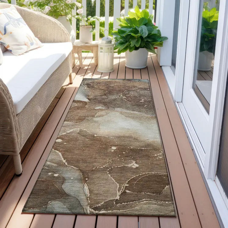 8' Runner Brown Abstract Washable Non Skid Indoor Outdoor Runner Rug