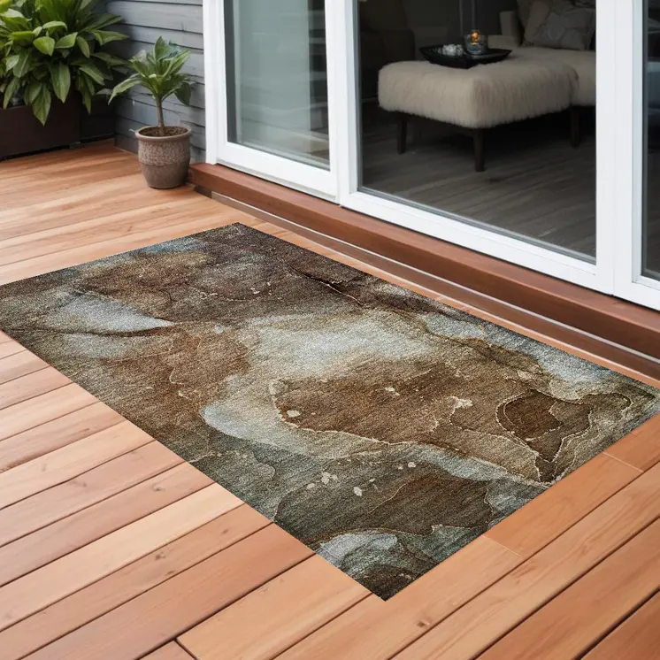 3' X 5' Brown Abstract Washable Non Skid Indoor Outdoor Area Rug