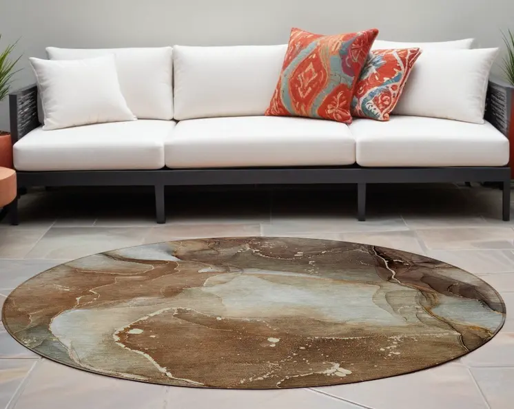 8' Round Brown Round Abstract Washable Non Skid Indoor Outdoor Area Rug