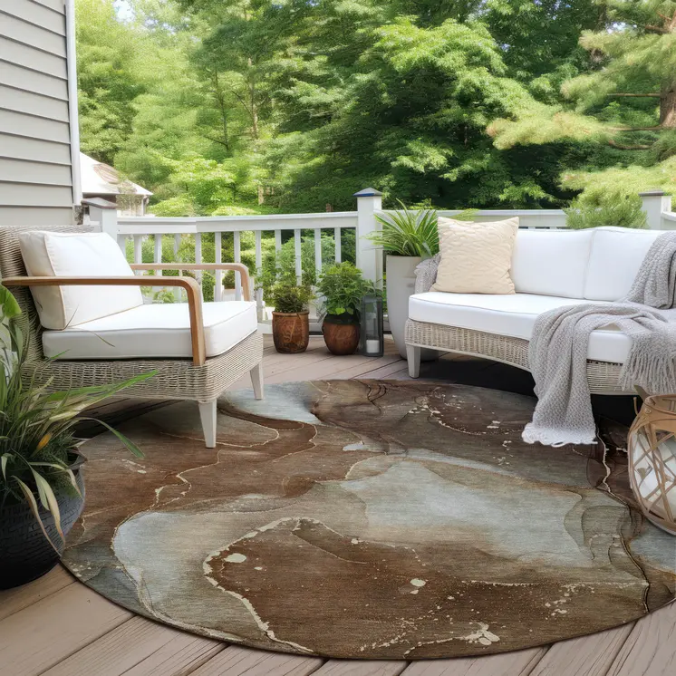 8' Round Brown Round Abstract Washable Non Skid Indoor Outdoor Area Rug