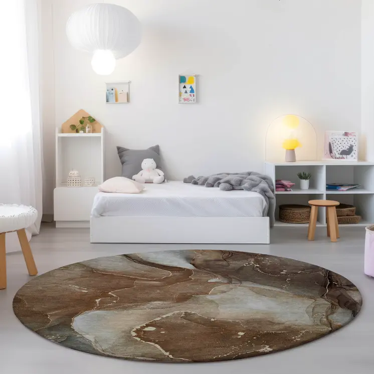 8' Round Brown Round Abstract Washable Non Skid Indoor Outdoor Area Rug