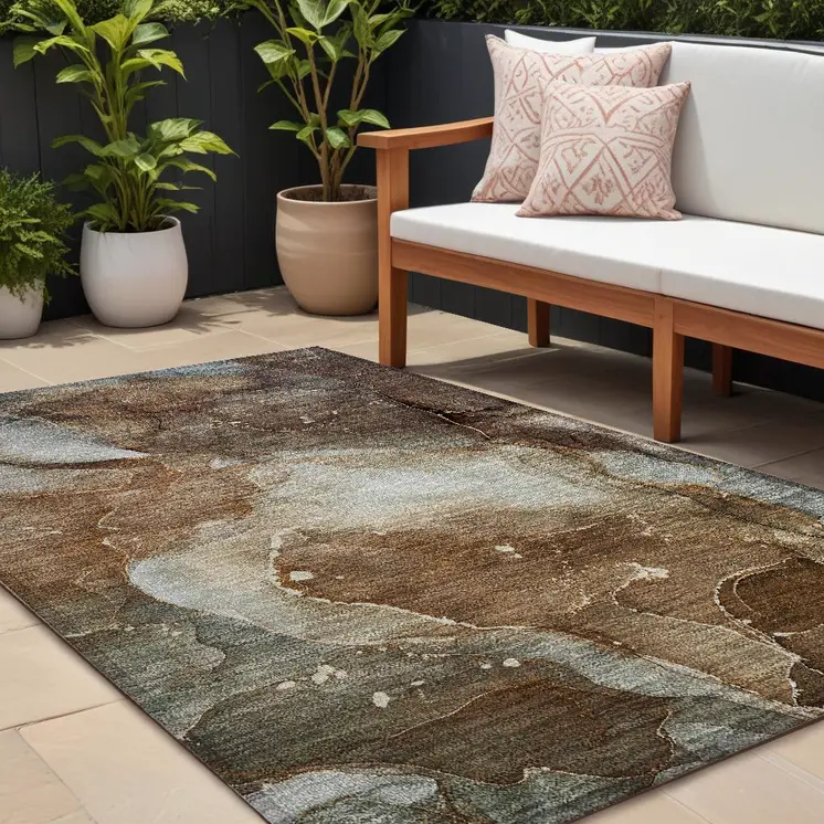 9' X 12' Brown Abstract Washable Non Skid Indoor Outdoor Area Rug