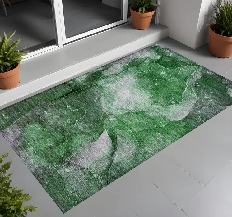 3' X 5' Emerald Abstract Washable Non Skid Indoor Outdoor Area Rug