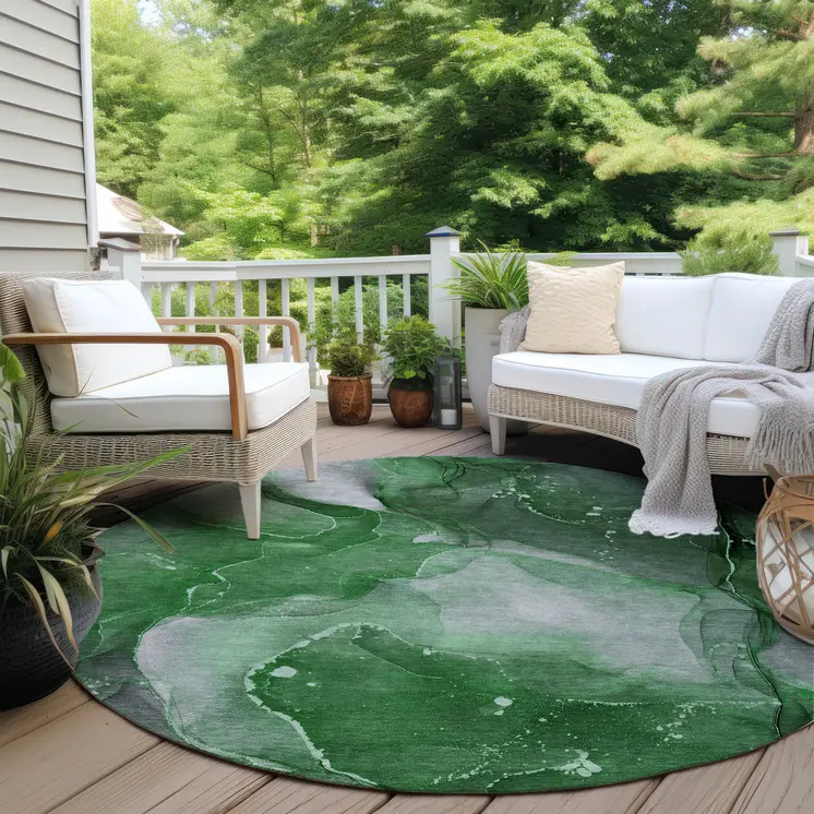 8' Round Emerald Round Abstract Washable Non Skid Indoor Outdoor Area Rug