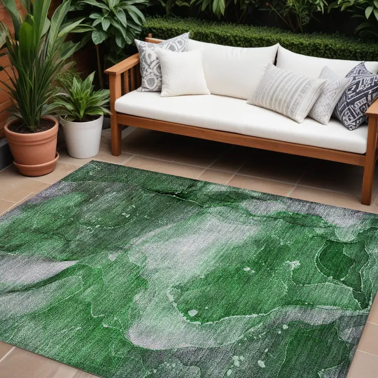 10' X 14' Emerald Abstract Washable Non Skid Indoor Outdoor Area Rug