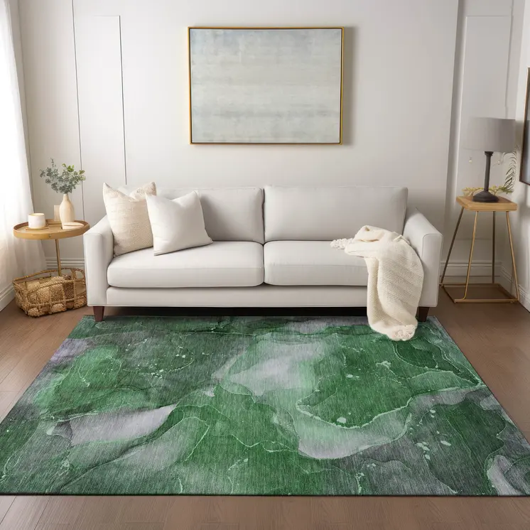 10' X 14' Emerald Abstract Washable Non Skid Indoor Outdoor Area Rug