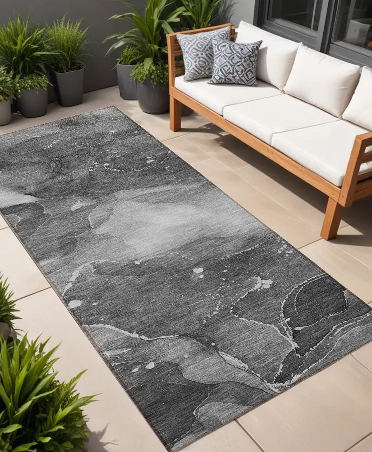8' Runner Gray Abstract Washable Non Skid Indoor Outdoor Runner Rug