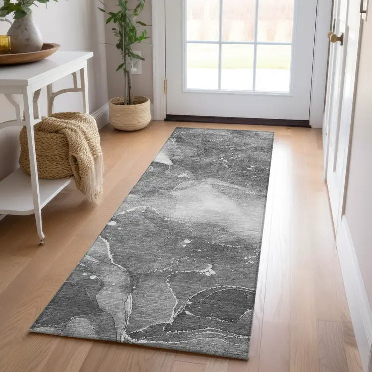 8' Runner Gray Abstract Washable Non Skid Indoor Outdoor Runner Rug