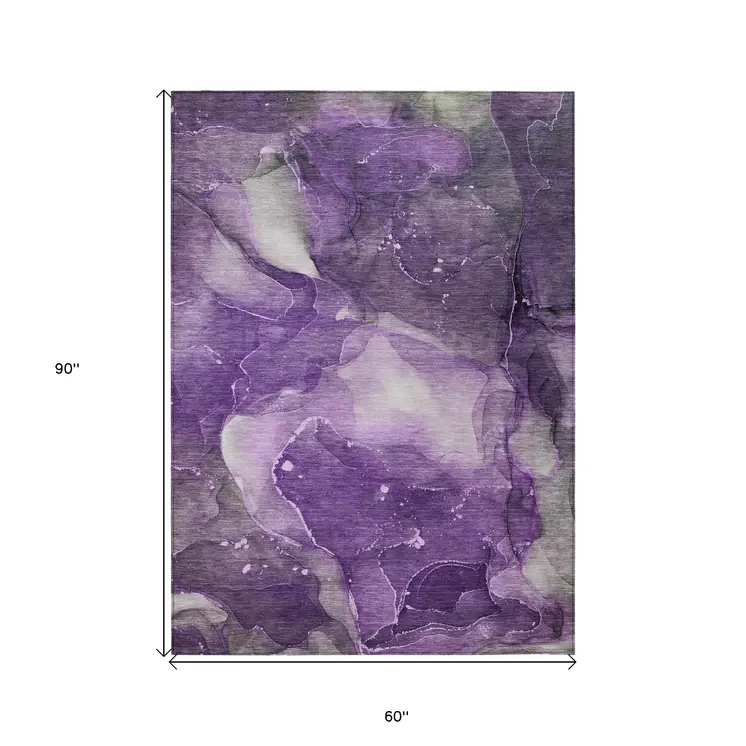 5' X 8' Purple Abstract Washable Non Skid Indoor Outdoor Area Rug