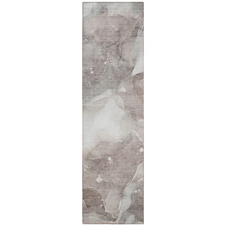 8' Runner Taupe Abstract Washable Non Skid Indoor Outdoor Runner Rug
