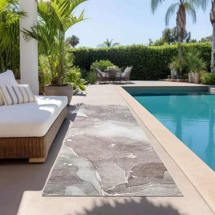 8' Runner Taupe Abstract Washable Non Skid Indoor Outdoor Runner Rug