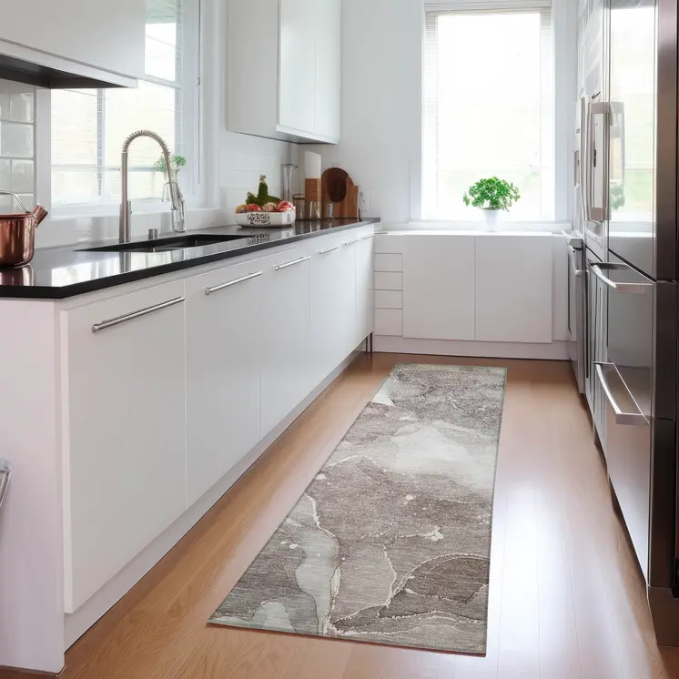 8' Runner Taupe Abstract Washable Non Skid Indoor Outdoor Runner Rug