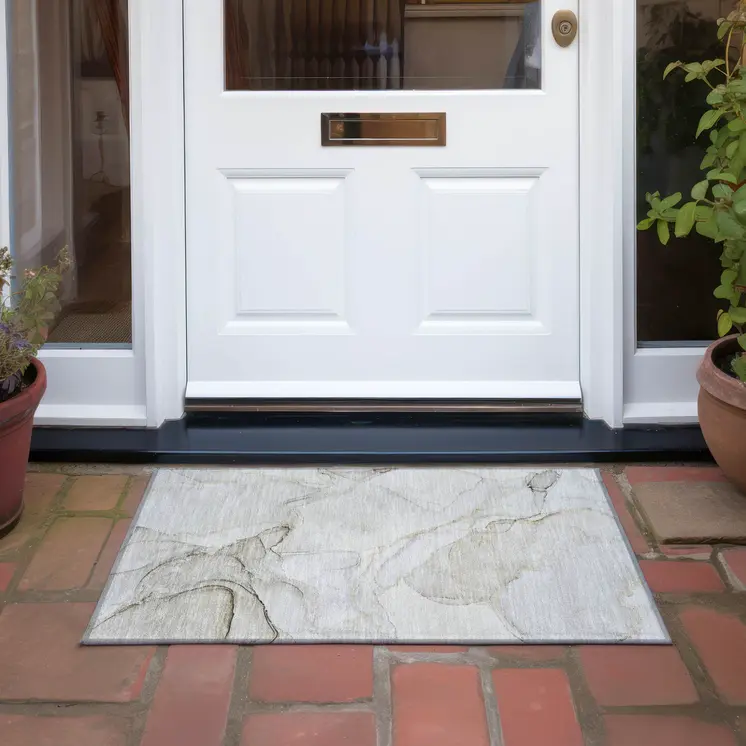 2' X 3' Beige and Ivory Abstract Washable Indoor Outdoor Area Rug