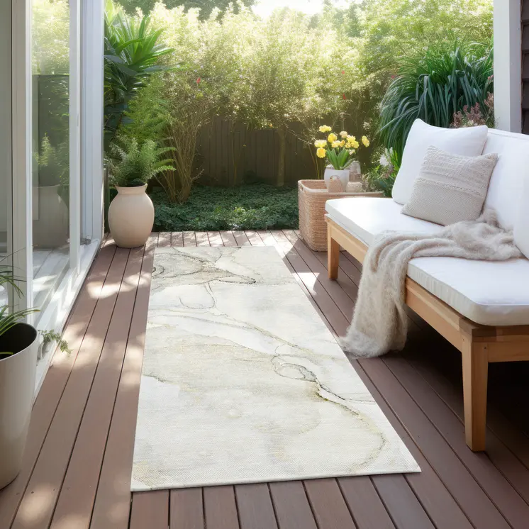 8' Runner Beige and Ivory Abstract Washable Non Skid Indoor Outdoor Runner Rug
