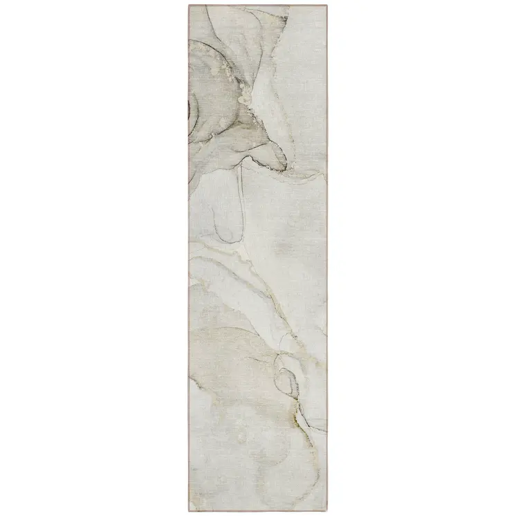 8' Runner Beige and Ivory Abstract Washable Non Skid Indoor Outdoor Runner Rug
