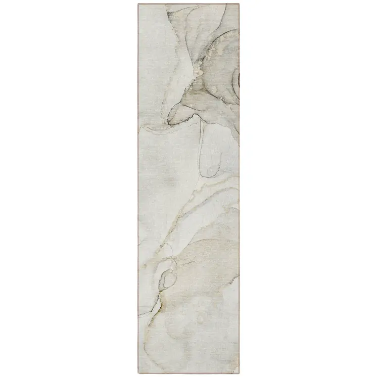 8' Runner Beige and Ivory Abstract Washable Non Skid Indoor Outdoor Runner Rug
