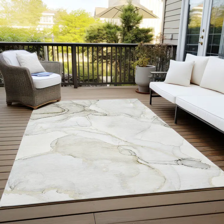 3' X 5' Beige and Ivory Abstract Washable Non Skid Indoor Outdoor Area Rug
