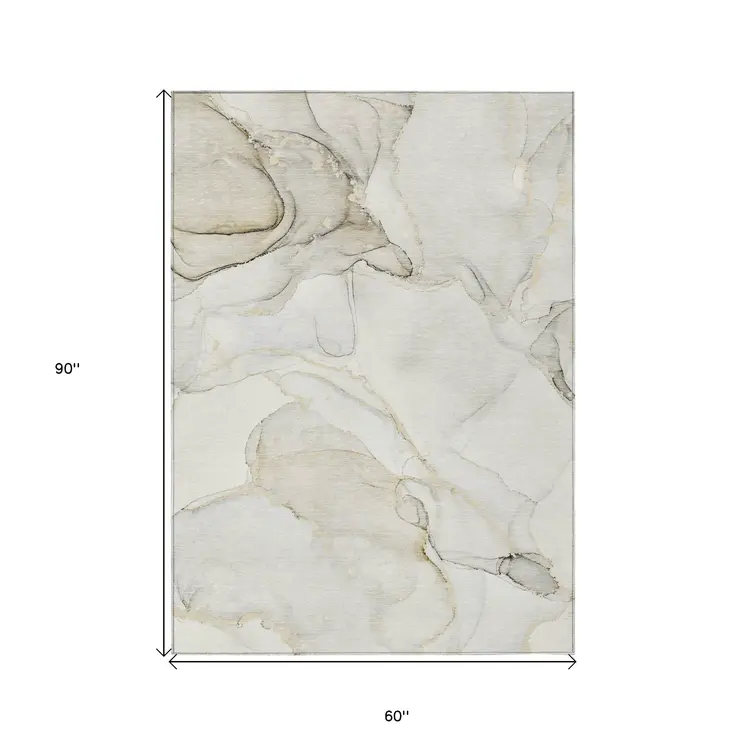 5' X 8' Beige and Ivory Abstract Washable Non Skid Indoor Outdoor Area Rug