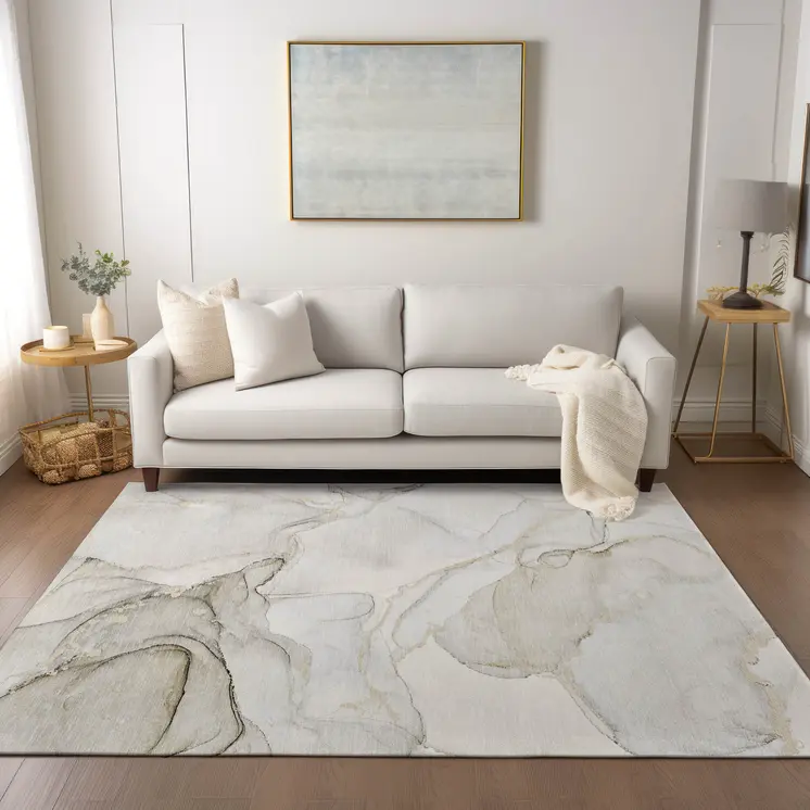 5' X 8' Beige and Ivory Abstract Washable Non Skid Indoor Outdoor Area Rug