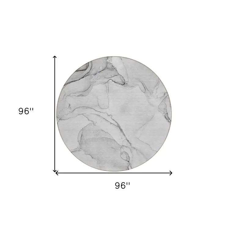 8' Round Silver Round Abstract Washable Non Skid Indoor Outdoor Area Rug