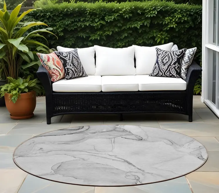 8' Round Silver Round Abstract Washable Non Skid Indoor Outdoor Area Rug