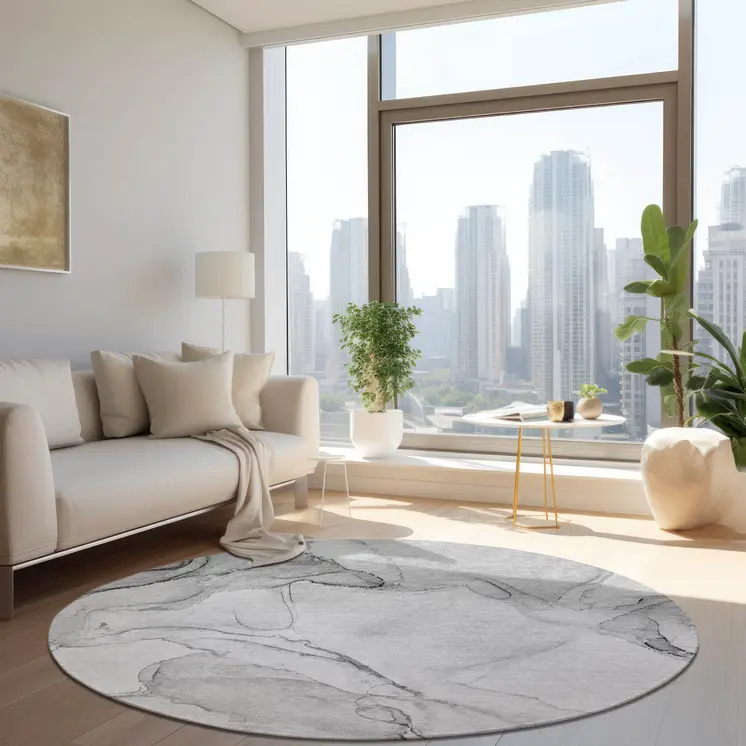 8' Round Silver Round Abstract Washable Non Skid Indoor Outdoor Area Rug