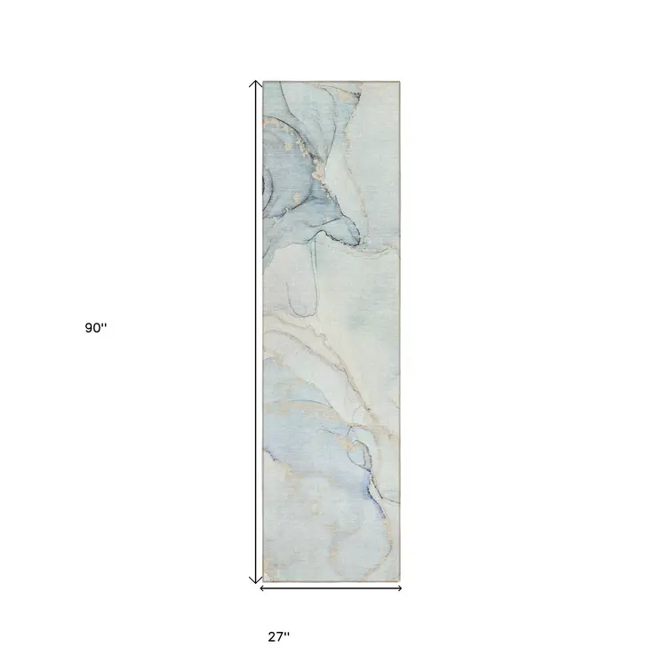 8' Runner Beige and Blue Abstract Washable Non Skid Indoor Outdoor Runner Rug