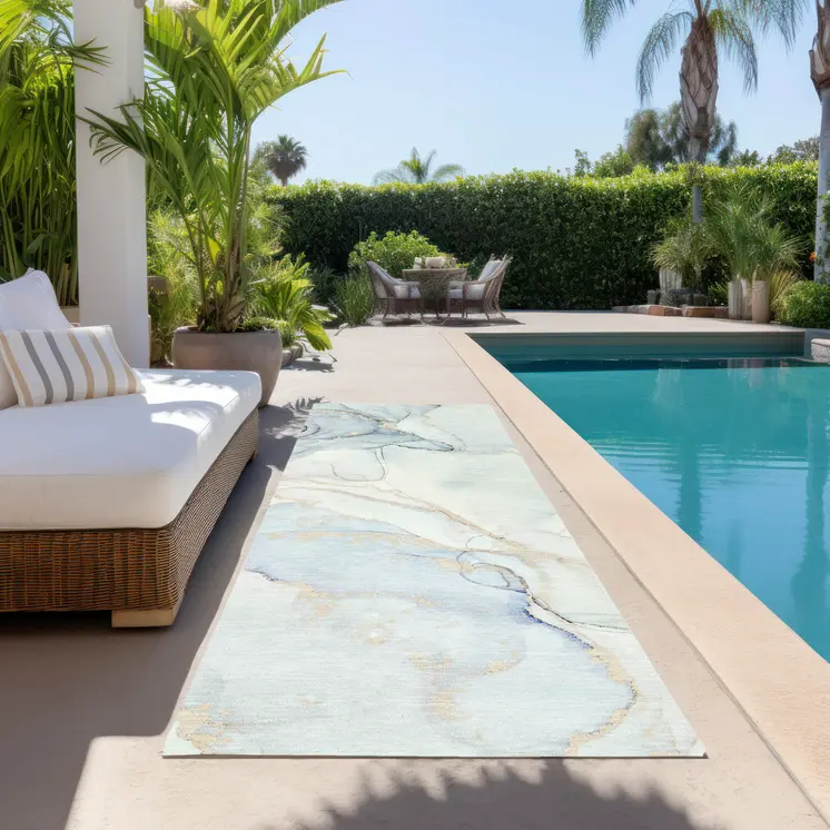 8' Runner Beige and Blue Abstract Washable Non Skid Indoor Outdoor Runner Rug